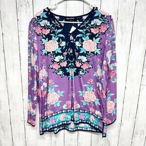 Tolani Collection Floral Print Top Women's M V-Neck Long Sleeve Modal Peasant